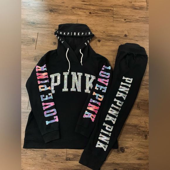 PINK VS HTF WATERCOLOR BLING HOODIE/ IRIDESCENT JOGGERS OUTFIT SET LARGE - Picture 1 of 12